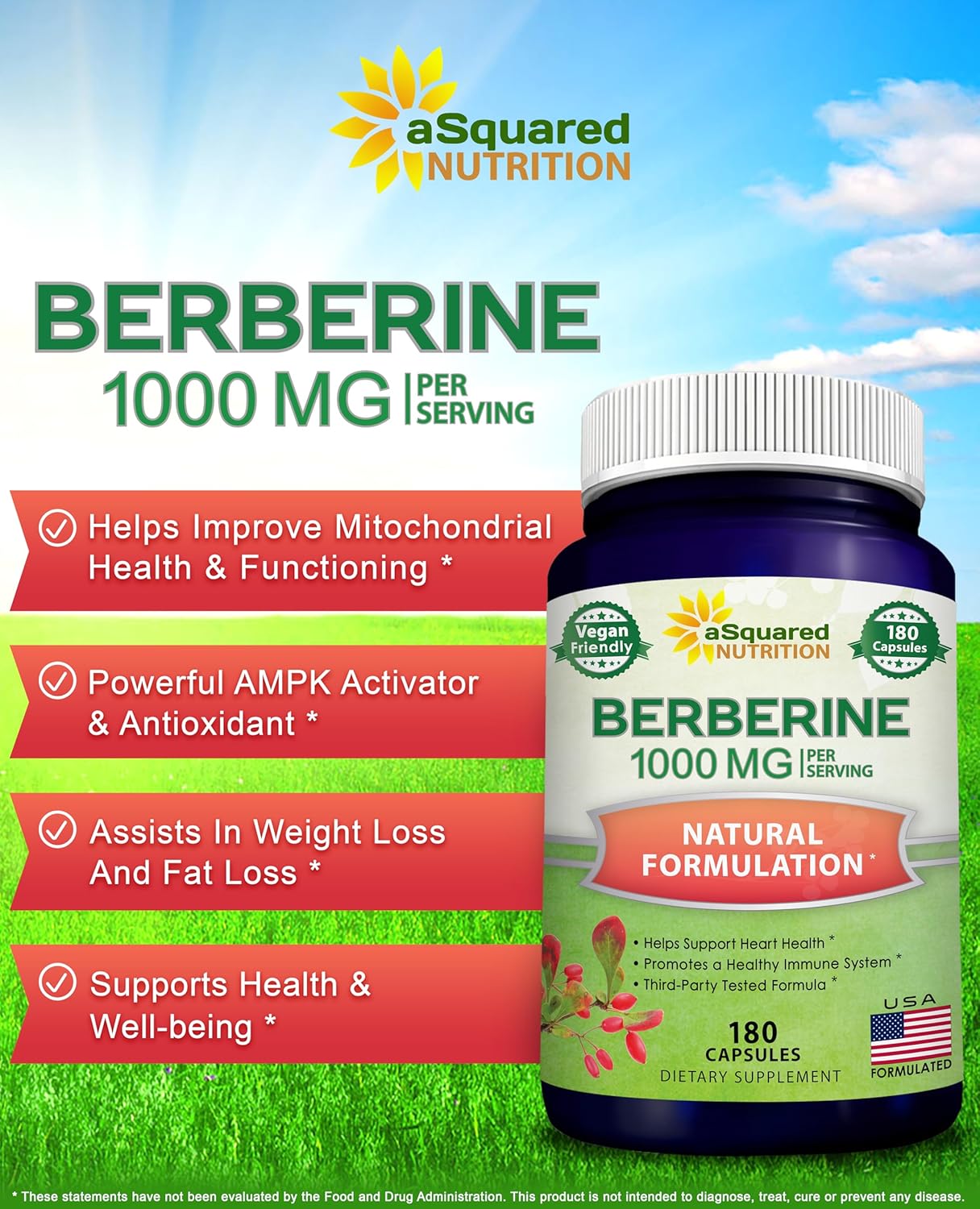 aSquared Nutrition Pure Berberine 1000mg Supplement - 180 Veggie Capsules, Natural Berberine Hydrochloride HCL Plus, Max Strength 1000 mg (2X 500mg), Potent Berberine Vegan Extract