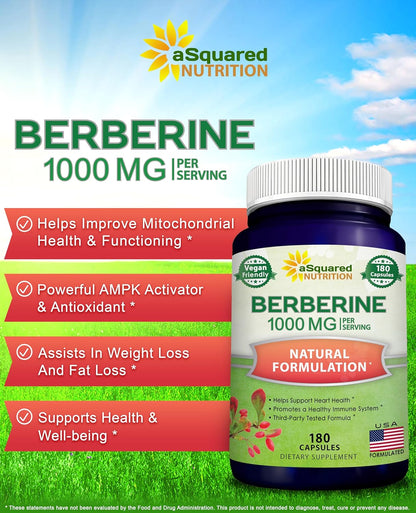 aSquared Nutrition Pure Berberine 1000mg Supplement - 180 Veggie Capsules, Natural Berberine Hydrochloride HCL Plus, Max Strength 1000 mg (2X 500mg), Potent Berberine Vegan Extract