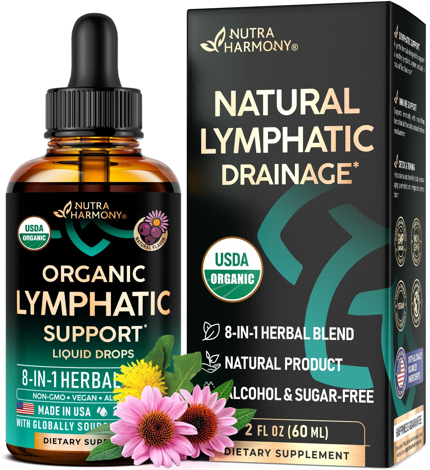 USDA Organic Lymphatic Drainage Supplement - Echinacea | Elderberry | Dandelion | Rosehip | Cleavers | Calendula | Burdock - Lab Tested - Lymph System Drops - Immune Support, Cleanse & Detox, 2 fl oz