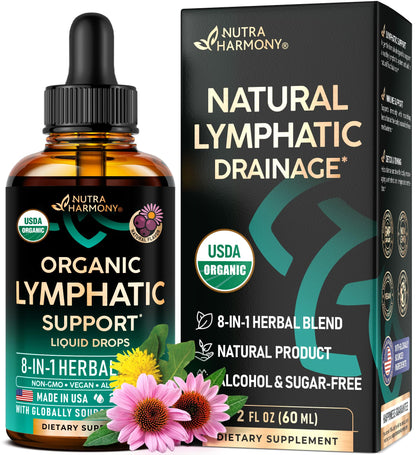 USDA Organic Lymphatic Drainage Supplement - Echinacea | Elderberry | Dandelion | Rosehip | Cleavers | Calendula | Burdock - Lab Tested - Lymph System Drops - Immune Support, Cleanse & Detox, 2 fl oz