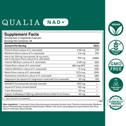 Qualia NAD Supplement — Clinically Proven to Boost NAD+ up to 67%. Optimized Aging, Energy, Focus. Elite Ingredients Nicotinamide Riboside (NIAGEN), Niacin, Niacinamide (1 Month Supply)
