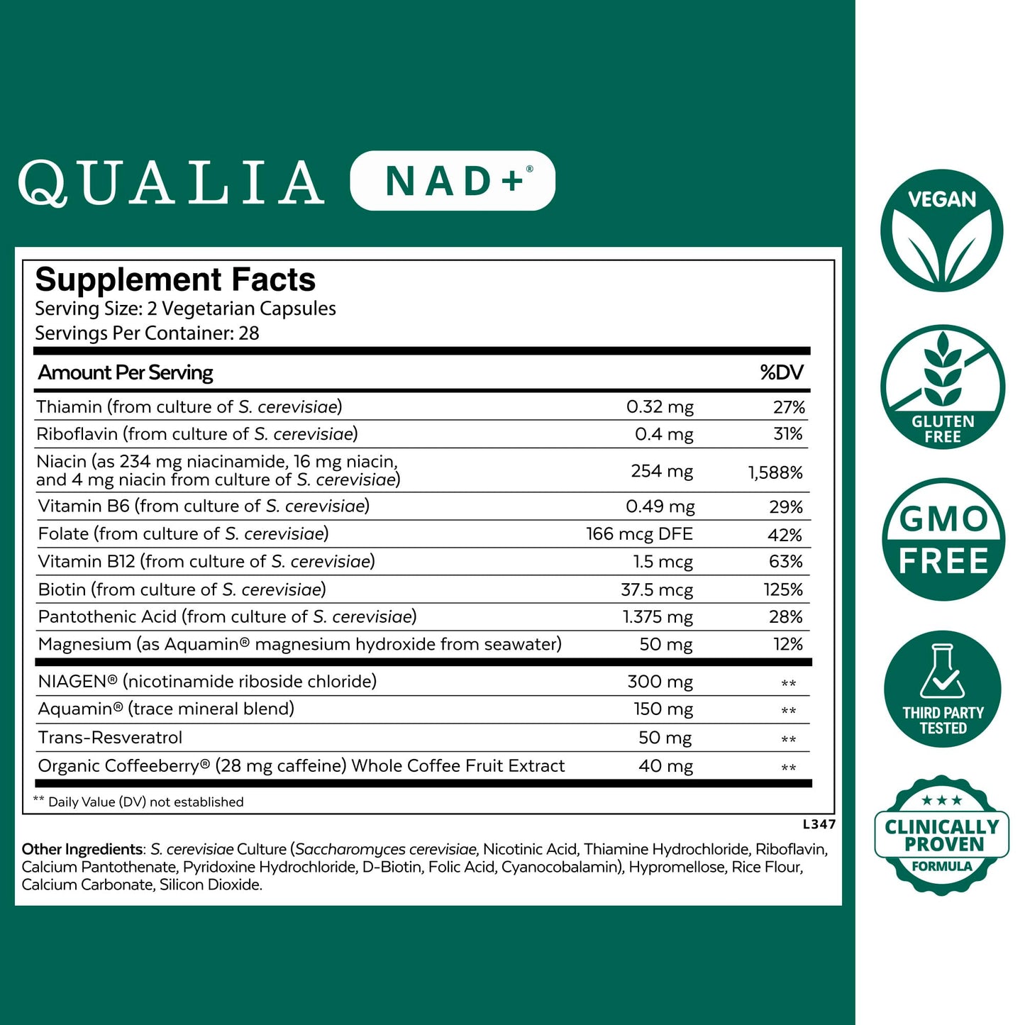 Qualia NAD Supplement — Clinically Proven to Boost NAD+ up to 67%. Optimized Aging, Energy, Focus. Elite Ingredients Nicotinamide Riboside (NIAGEN), Niacin, Niacinamide (1 Month Supply)