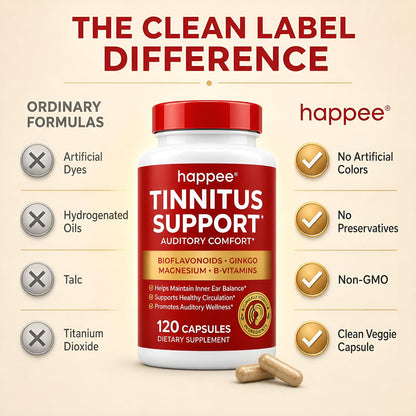 Happee Tinnitus Supplement for Ringing Ears, Bioflavonoids & Ginkgo, 120ct | Flavonoids Plus Essential Nutrient, Daily Support for Inner Ear Health & Microcirculation, NO Dyes, Clean Label