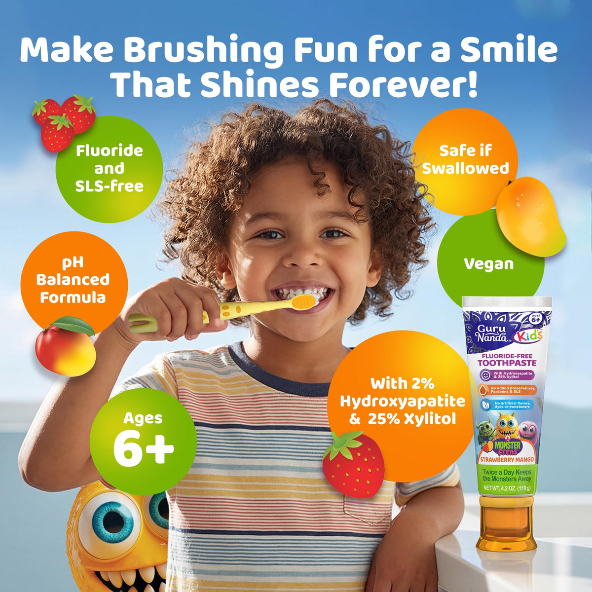 GuruNanda Kids Toothpaste, Strawberry Mango, SLS & Fluoride Free, 4.2 oz