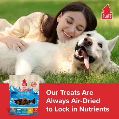 Plato Real Strips Salmon Recipe Dog Treats, Air-Dried High-Protein Soft Strips, Omega-Rich Skin & Coat Support, 18 oz