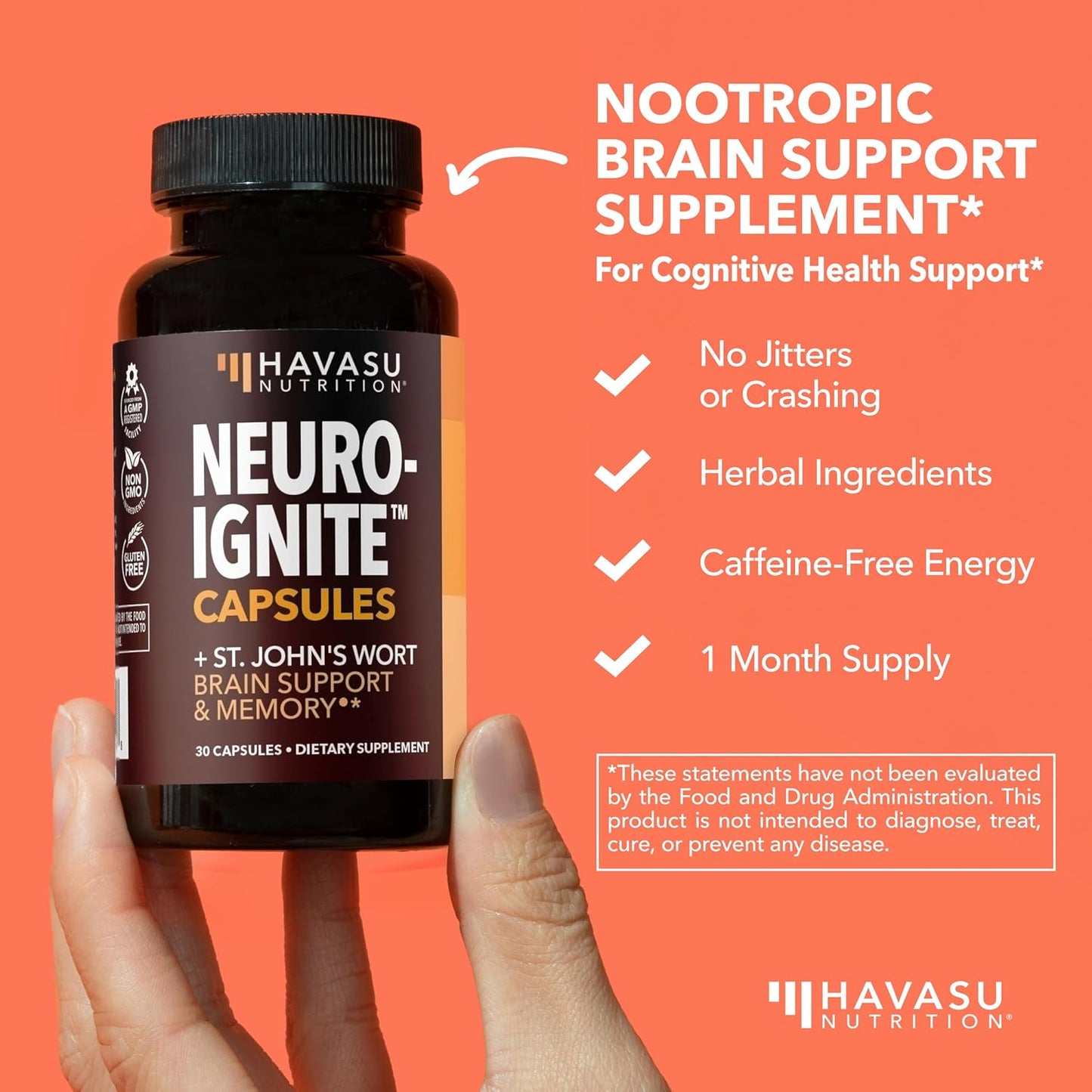 NeuroIGNITE Nootropic Brain Supplement for Memory and Focus, 30 Count | Vegan, Non-GMO Nootropic with Bacopa, Ginkgo Biloba, St. John's Wort for Cognitive Health and Mental Clarity, 30 Servings
