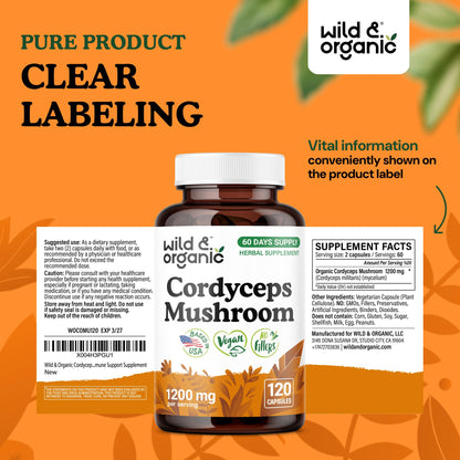 Wild & Organic Cordyceps Mushroom Tincture - Energy & Immune Support - Cordyceps Sinensis Extract Supplement - Liquid Mushroom Drops - Add to Tea & Mix with Powder - Sugar & Alcohol-Free - 4 fl oz