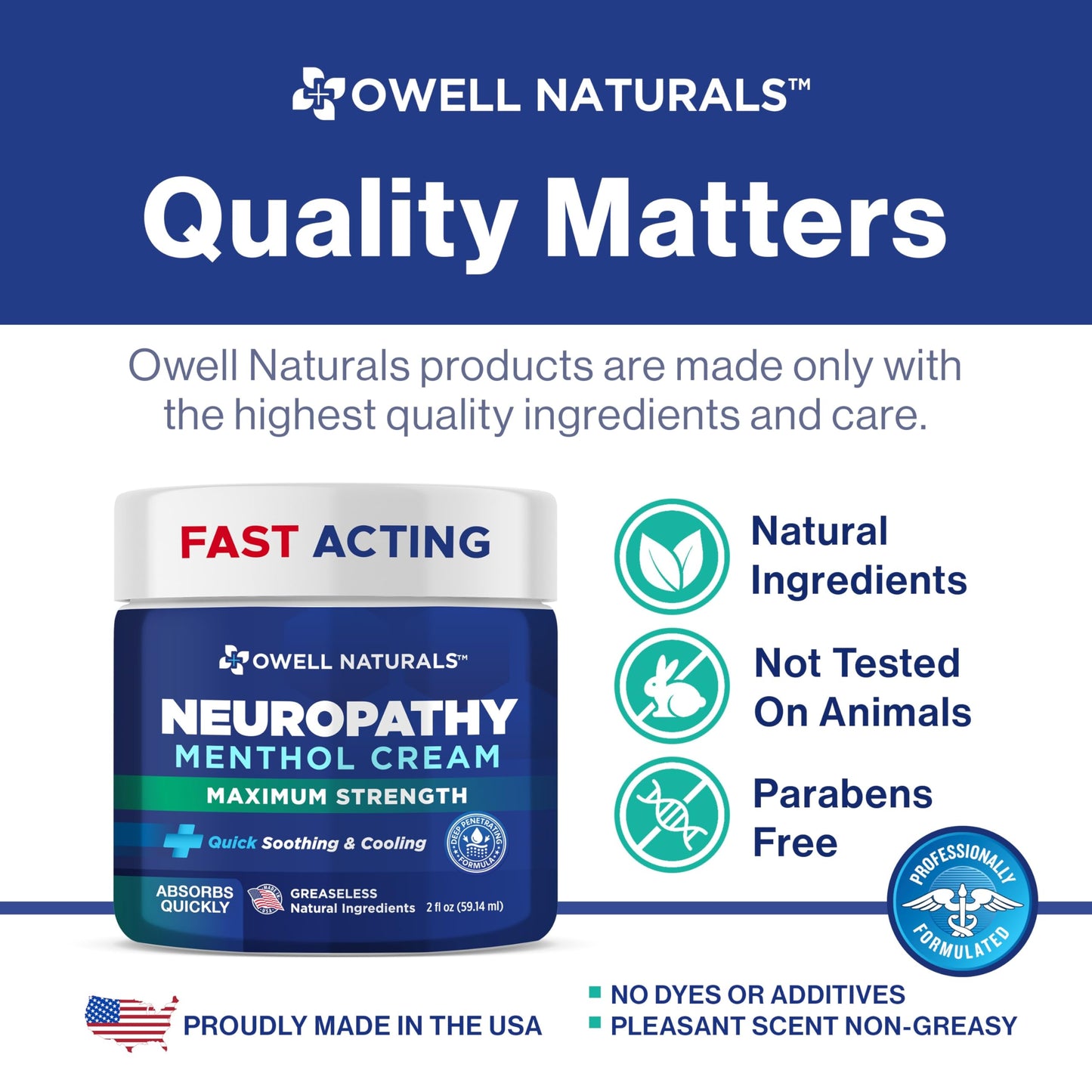 Owell Naturals Neuropathy Cream Extra Strength – Fast Absorbing Cooling for Leg, Feet & Hands – Advanced Soothing Formula with Aloe Vera, Arnica, MSM & Vitamin B6 – Made in USA, 2 fl oz