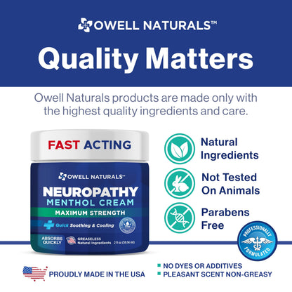 Owell Naturals Neuropathy Cream Extra Strength – Fast Absorbing Cooling for Leg, Feet & Hands – Advanced Soothing Formula with Aloe Vera, Arnica, MSM & Vitamin B6 – Made in USA, 2 fl oz