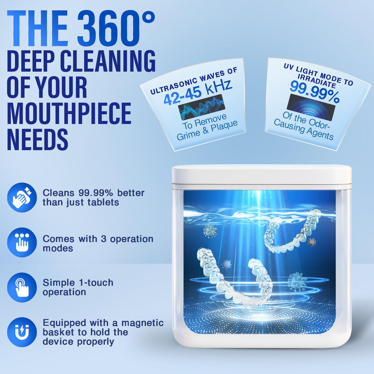 Ultrasonic Retainer Cleaner Machine, 48kHz, Dental Pod with 3 Modes, 200ml
