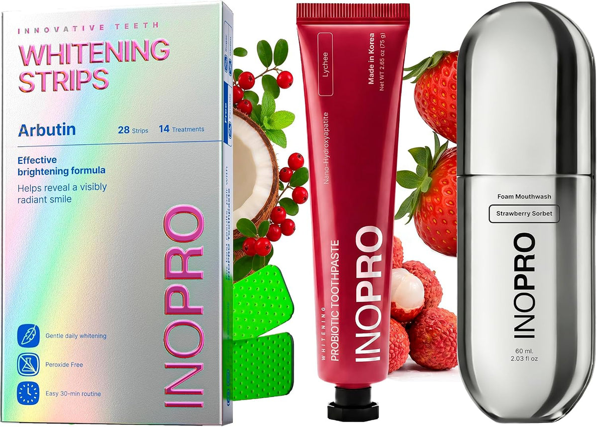 InoPro Teeth Whitening Strips 14 Treatments Kit + Lychee Nano-Hydroxyapatite Whitening Toothpaste with Probiotic + Strawberry Foam Mouthwash with Nano-Hydroxyapatite, Xylitol, Hyaluronic Acid