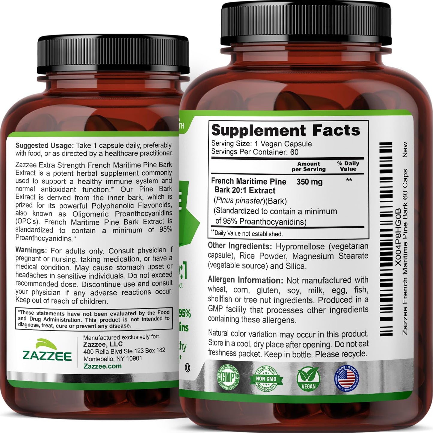 Zazzee Extra Strength French Maritime Pine Bark Extract 20:1, 350 mg Per Capsule, 95% Proanthocyanidins, 180 Vegan Capsules, 6 Month Supply, Certified Kosher, Antioxidant Support, Non-GMO, Made in USA