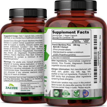Zazzee Extra Strength French Maritime Pine Bark Extract 20:1, 350 mg Per Capsule, 95% Proanthocyanidins, 180 Vegan Capsules, 6 Month Supply, Certified Kosher, Antioxidant Support, Non-GMO, Made in USA