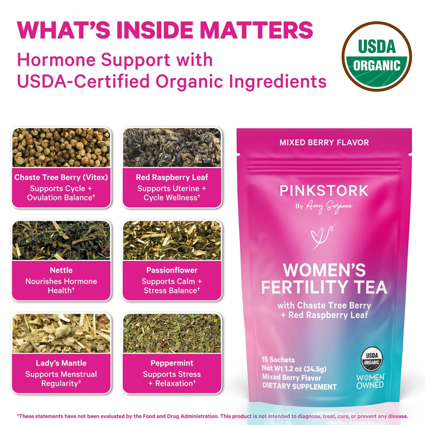 Pink Stork Organic Fertility Tea for Women, Sweet Mint, 15 Sachets | USDA Organic Herbs, Chaste Tree Berry (Vitex), Red Raspberry Leaf, Hormone Balance Support, Caffeine Free, 30 servings