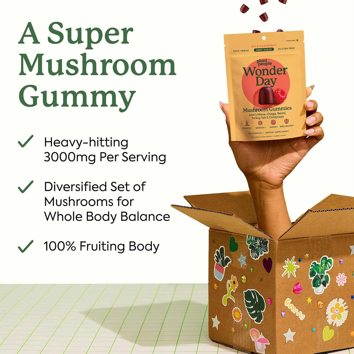 Plant People WonderDay Mushroom Gummies for Energy, Raspberry, 60ct