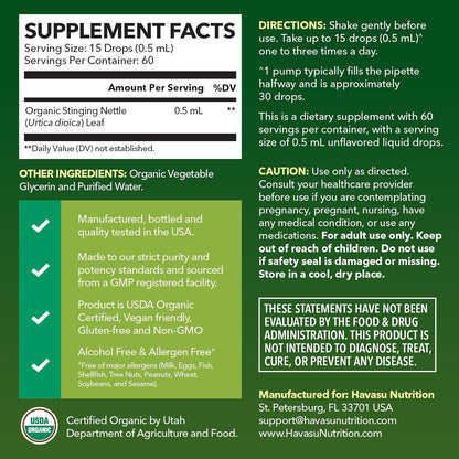 Organic Stinging Nettle Leaf Extract, Urinary Support, Unflavored, 1 Fl Oz | Stinging Nettle Tincture for Men and Women, USDA Certified, Vegan, Gluten Free, Non-GMO Herbal Tincture, 60 Servings