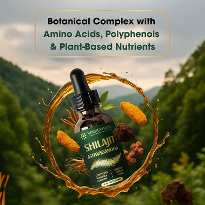 Shilajit Liquid Drops – Pure Shilajit Extract with Ashwagandha for Men & Women, Energy, Stamina & Vitality, Adaptogen Herbal Blend with Cordyceps, Rhodiola & Chaga – 4 fl oz