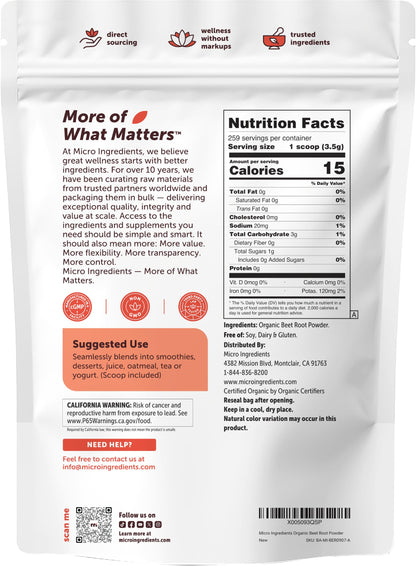 Micro Ingredients Organic Beet Root Powder, 2lb | Water Soluble, Highly Concentrated Raw Beet Supplement | Superfood Drink Mix | Non-GMO, Vegan Friendly, Plant Based