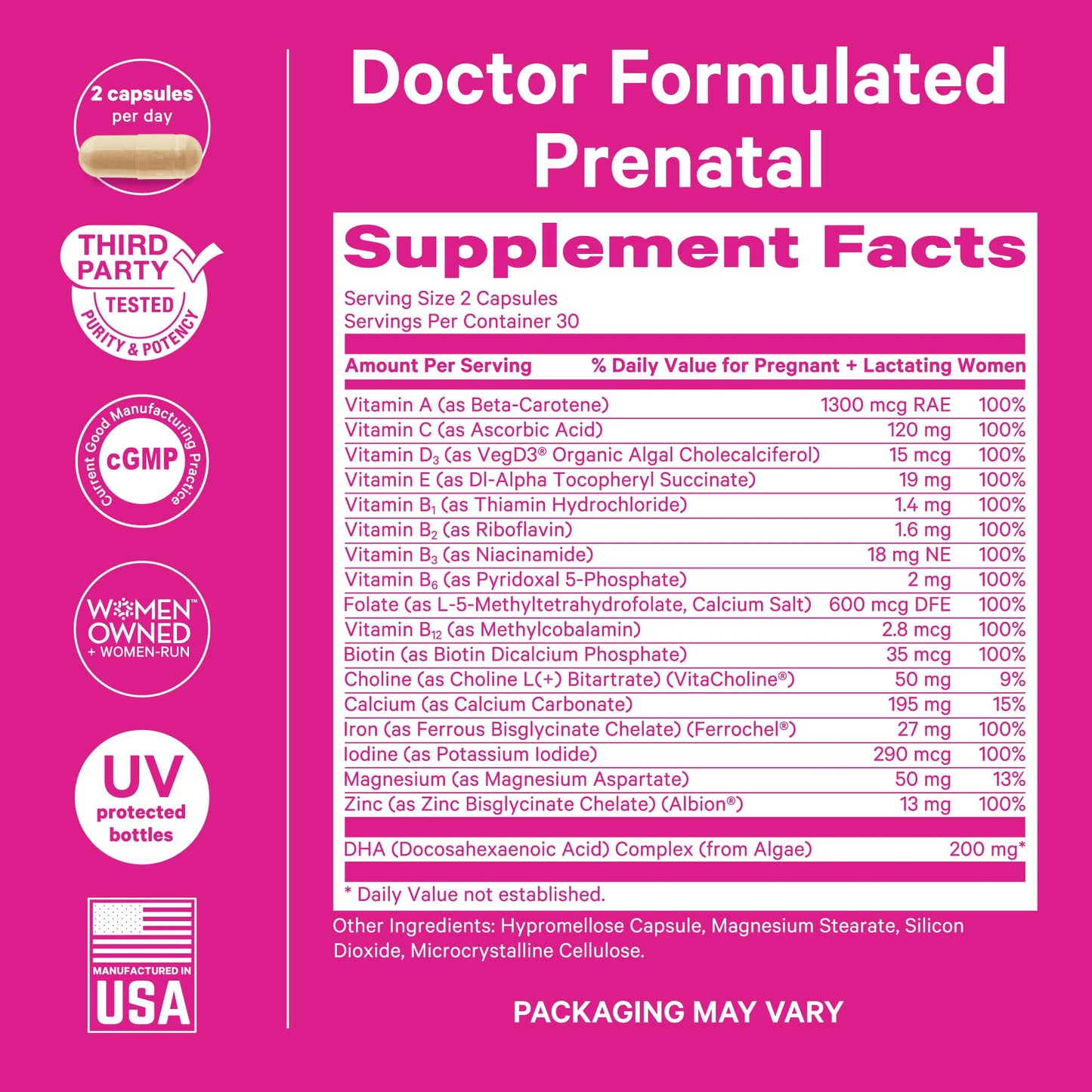 Pink Stork Total Prenatal Vitamins for Women, Clean Label, 60 Count, Mint | Vegan DHA, Methylfolate, Iron, Choline, Vitamin B12 - Preconception Nutrition - No Fishy Burps - Pregnancy Essentials