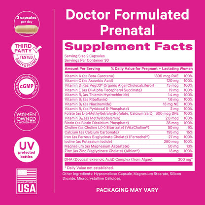 Pink Stork Total Prenatal Vitamins for Women, Clean Label, 60 Count, Mint | Vegan DHA, Methylfolate, Iron, Choline, Vitamin B12 - Preconception Nutrition - No Fishy Burps - Pregnancy Essentials