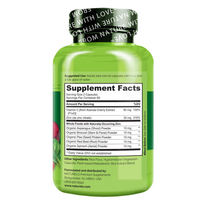 NATURELO Vegan Zinc Immune Support Capsules - Whole Food Complex with Vitamin C for Healthy Skin, Hair, and Nails - 120 Capsules