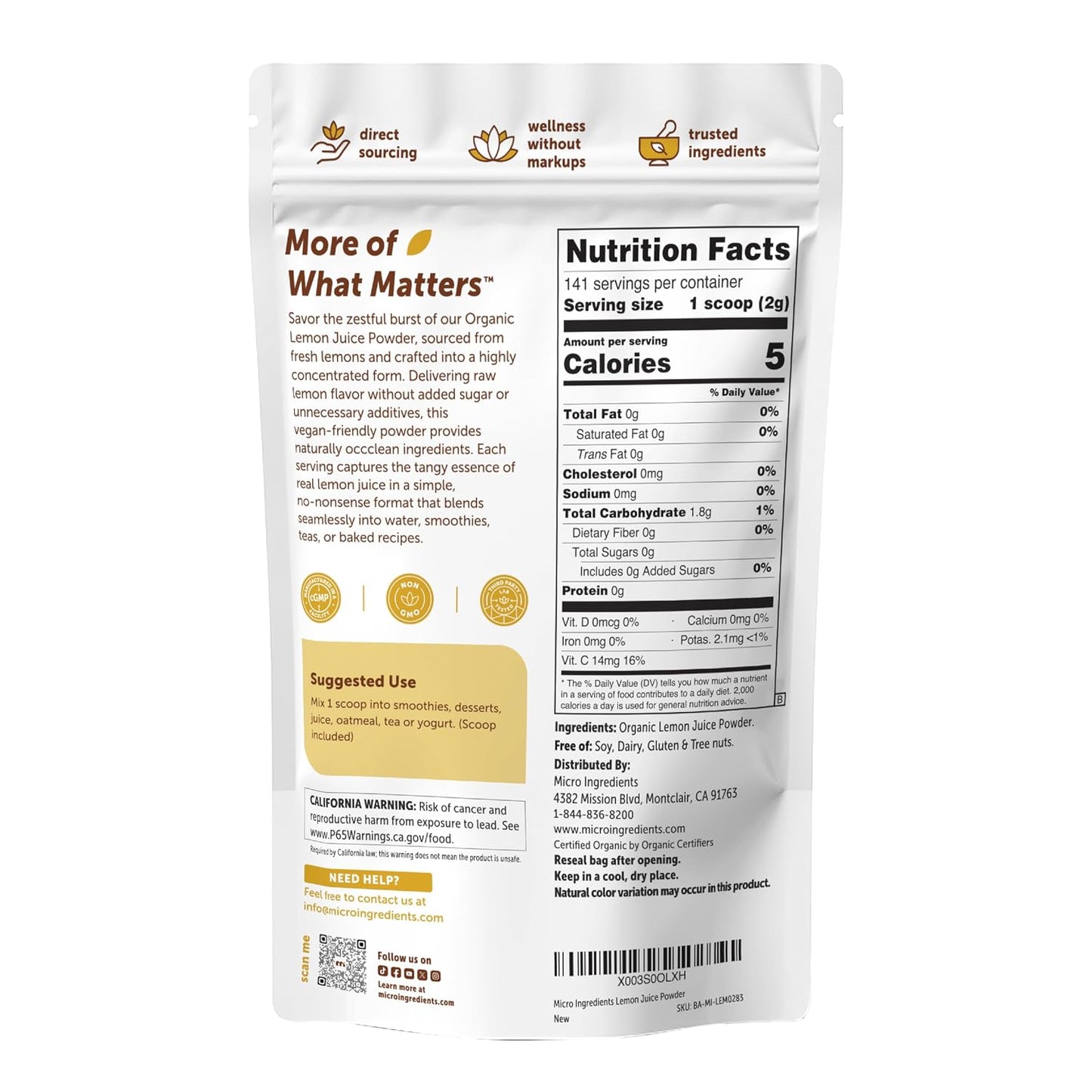 Micro Ingredients Organic Lemon Juice Powder, 10 Ounce | Natural Fruit Flavor | Made from Real Lemon | No Sugar & Additives | Great for Drinks, Smoothie & Beverages | Non-Gmo & Vegan Friendly