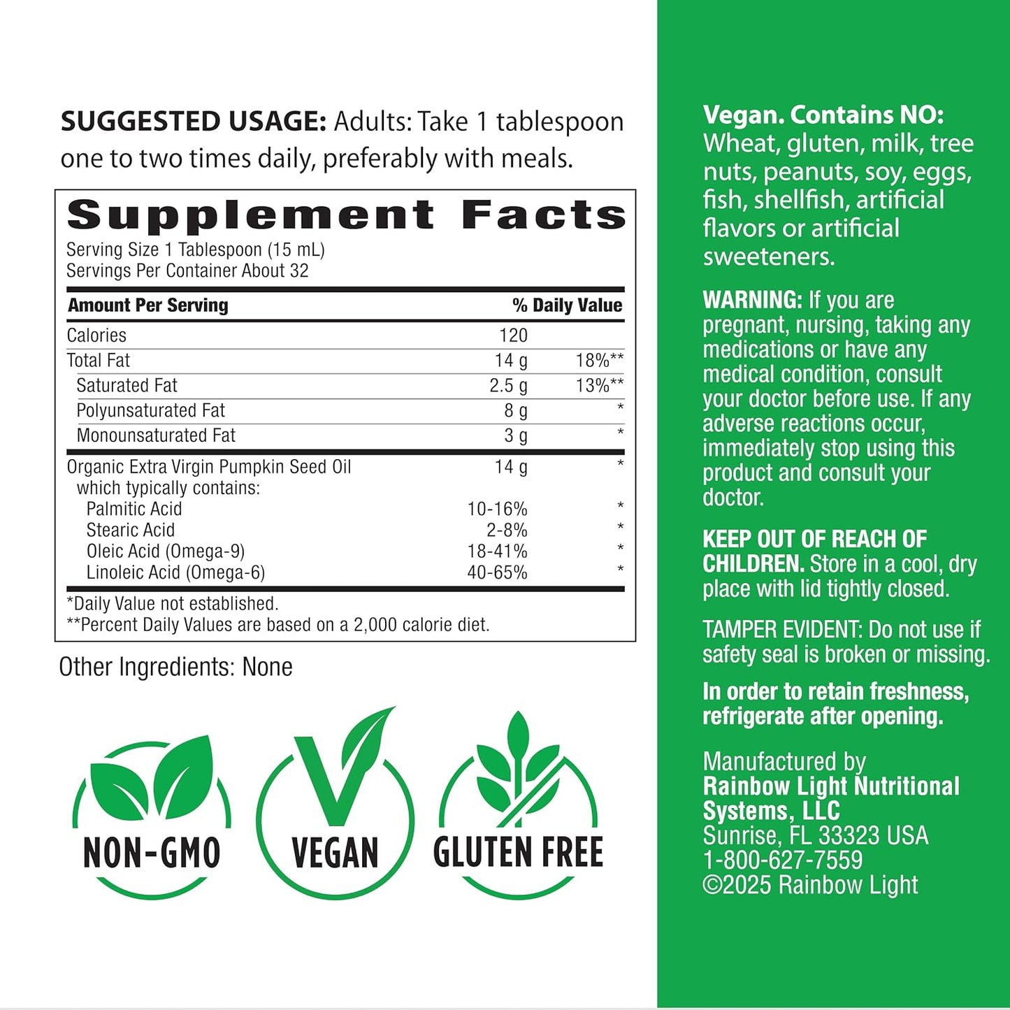 Rainbow Light Organic Extra Virgin Pumpkin Seed Oil | 16 Fl Oz | Cold Pressed Liquid Extract | Potent Source of Omega 6 and 9 Fatty Acids | Non-GMO and Gluten Free Supplement