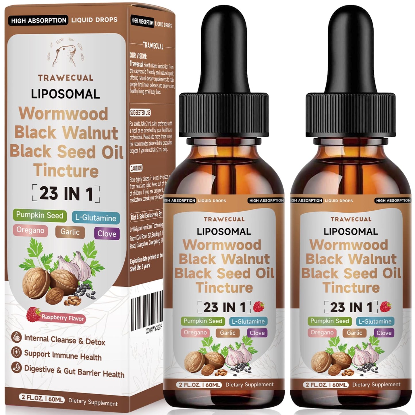 Wormwood Black Walnut Clove Cleanse Drops with Black Seed Oil, Pumpkin Seed, Oregano, Soursop, Neem, Berberine, Garlic, Rapid Gut Detox, Digestive & Gut Barrier Health, 23-in-1 with Liposomal, 2FL