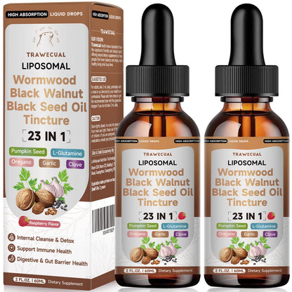 Wormwood Black Walnut Clove Cleanse Drops with Black Seed Oil, Pumpkin Seed, Oregano, Soursop, Neem, Berberine, Garlic, Rapid Gut Detox, Digestive & Gut Barrier Health, 23-in-1 with Liposomal, 2FL