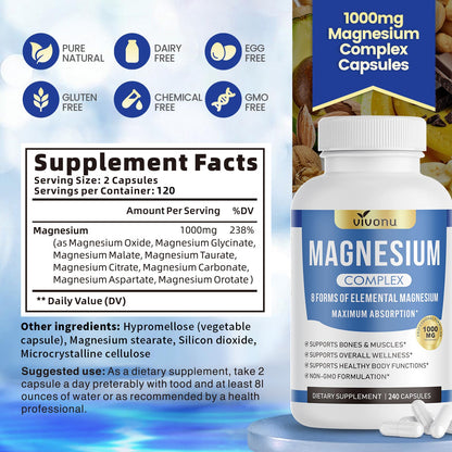 Pure Magnesium Glycinate 500mg, Magnesium Supplement with Vitamin B6 for High Absorption, Supports Stress Relief, Sleep, Muscle, Calm, Relaxation, Nerves* & Metabolism*, Non-GMO, 240 Vegan Capsules