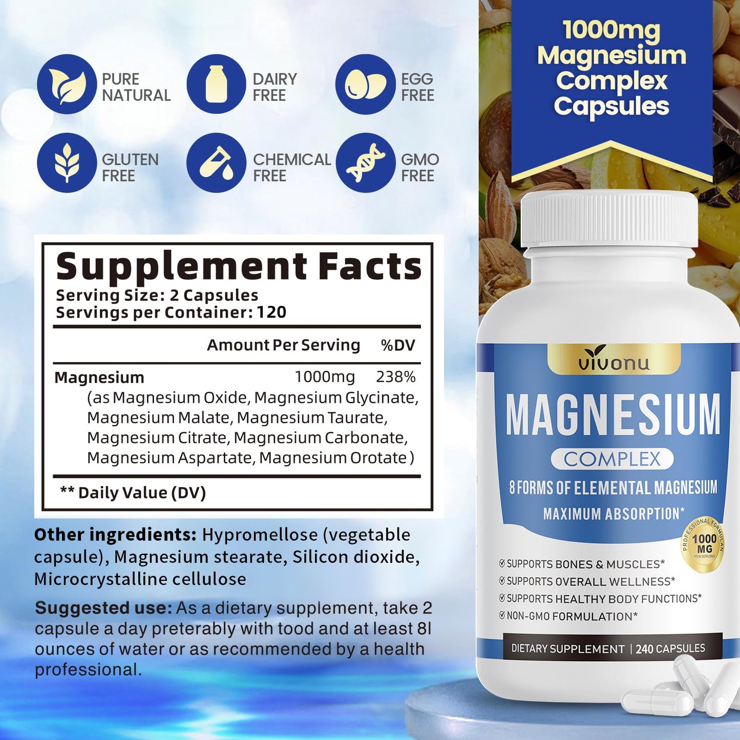 Pure Magnesium Glycinate 500mg, Magnesium Supplement with Vitamin B6 for High Absorption, Supports Stress Relief, Sleep, Muscle, Calm, Relaxation, Nerves* & Metabolism*, Non-GMO, 240 Vegan Capsules