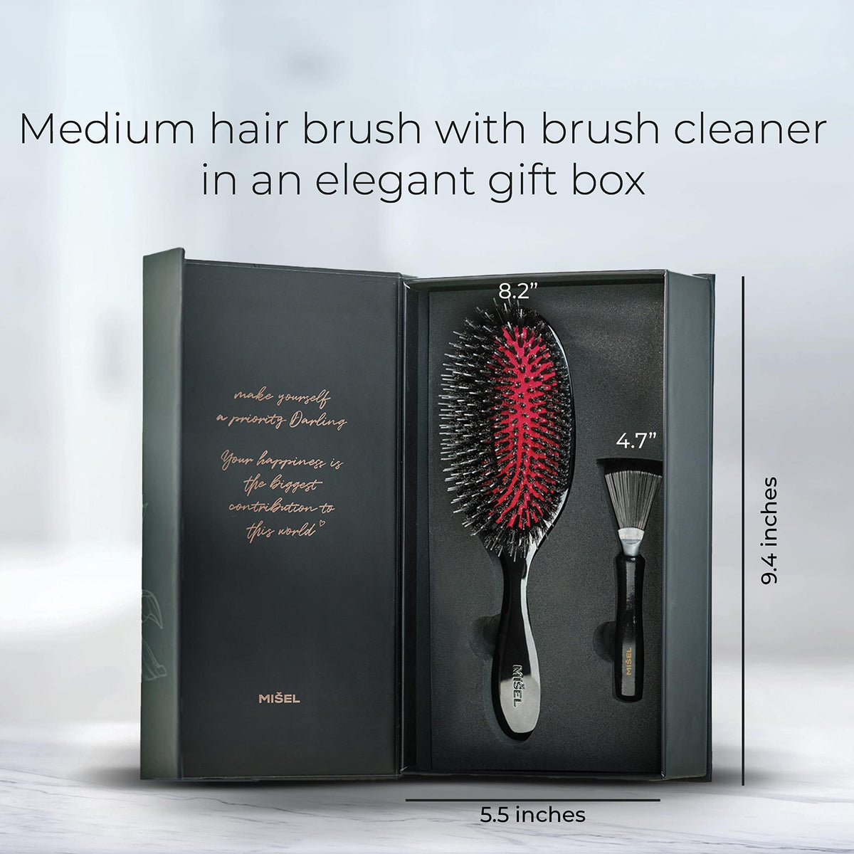 MISEL Boar Bristle Hair Brush and Brush Cleaner Bundle for Women and Men | Detangles