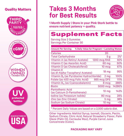 Pink Stork Postpartum Hair Loss Gummies, 60 Count | Biotin, Pantothenic Acid, Vitamin E, B6, B12, Breastfeeding-Friendly, Hair Growth + Regrowth Support