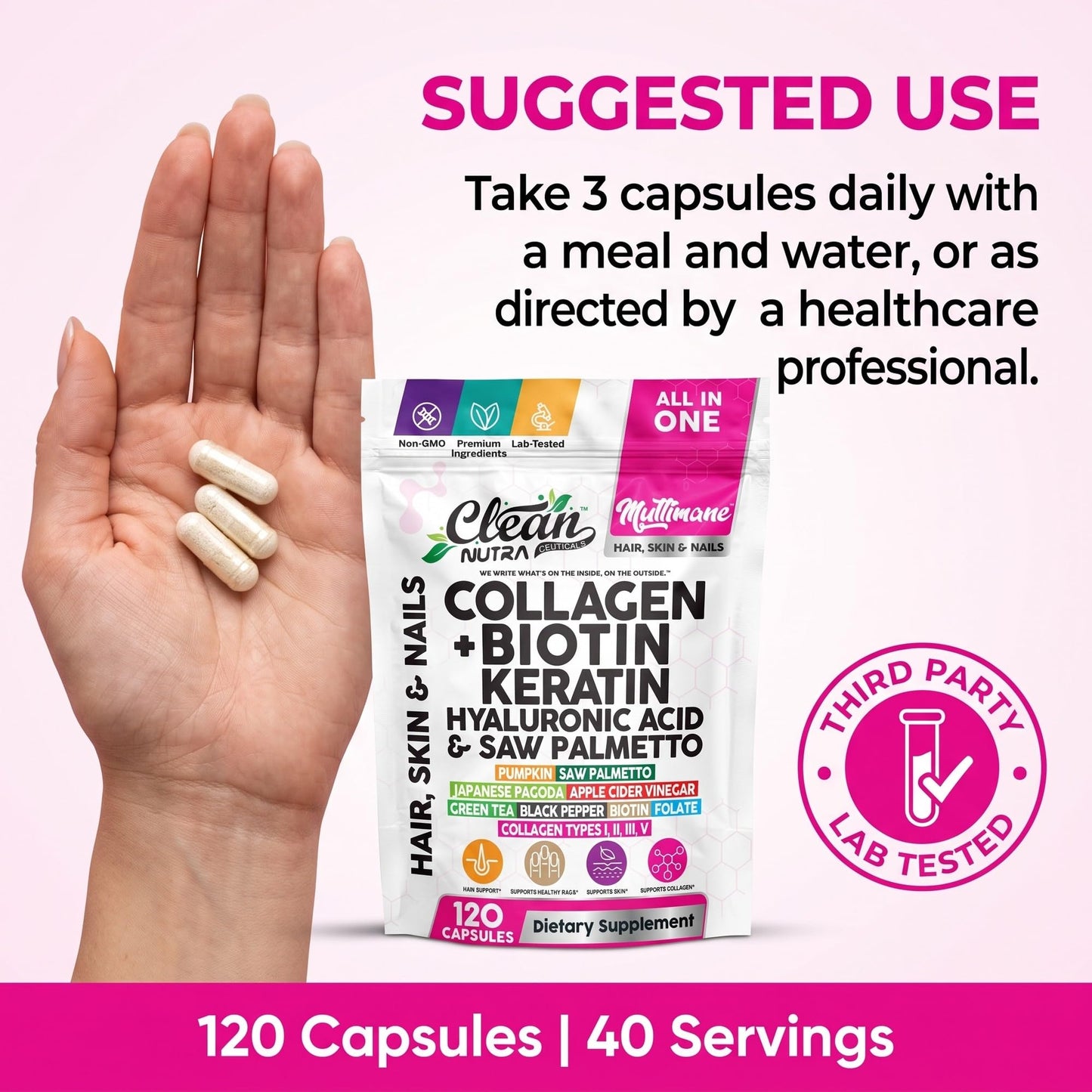 Clean Nutraceuticals Collagen Pills 1000mg Biotin 10000mcg Keratin Saw Palmetto Hyaluronic Acid - Hair Skin & Nails Vitamins & DHT Blocker with Vitamin E Folic Acid Pumpkin Seed MSM - 90 Count