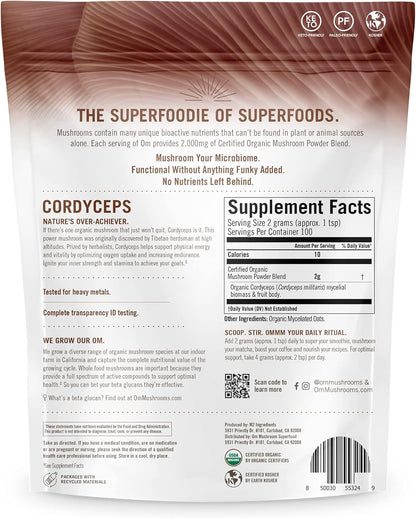 OM Mushroom Cordyceps Powder 7.05 oz (100 Servings) – Organic, Vegan, Non-GMO, Gluten-Free – Energy, Stamina & Endurance Support – Adaptogenic Superfood for Sports, Performance, Smoothies & Tea