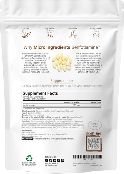 Vitamin B1 Benfotiamine 600mg Per Serving, 240 Coconut Oil Softgels | Bioavailable B Vitamins Supplement, Converted to Active Thiamine | Non-GMO, Soy Free
