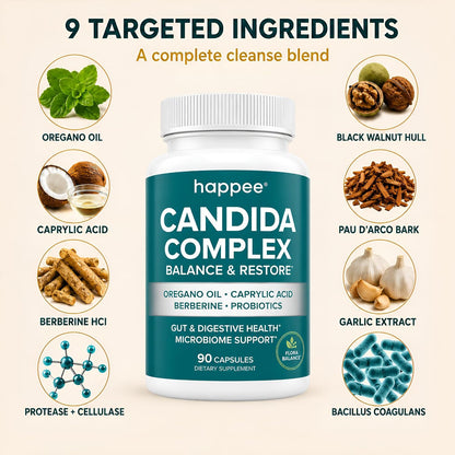 Happee Candida Cleanse Detox Supplement, Gut & Digestive Health, 90 Caps | For Women & Men - Yeast Overgrowth Support – Oregano, Caprylic Acid, Berberine & Probiotics