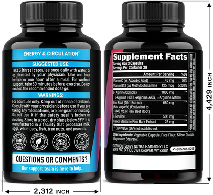 Nitric Oxide Supplement for Men & Women 2250 mg - Nitric Oxide Booster - Pine Bark | L-Arginine | L-Citrulline | Beet Root | Vitamin C & B12 - Muscles, Energy & Circulation - Lab Tested, 90 Capsules