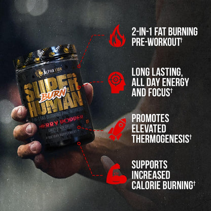 ALPHA LION Superhuman Burn – 2 in 1 Metabolism Booster Pre Workout and Thermogenic Fat Burner for Men – Appetite Suppressant and Weight Loss Supplement (21 Servings, Sweet Black Cherry Flavor)