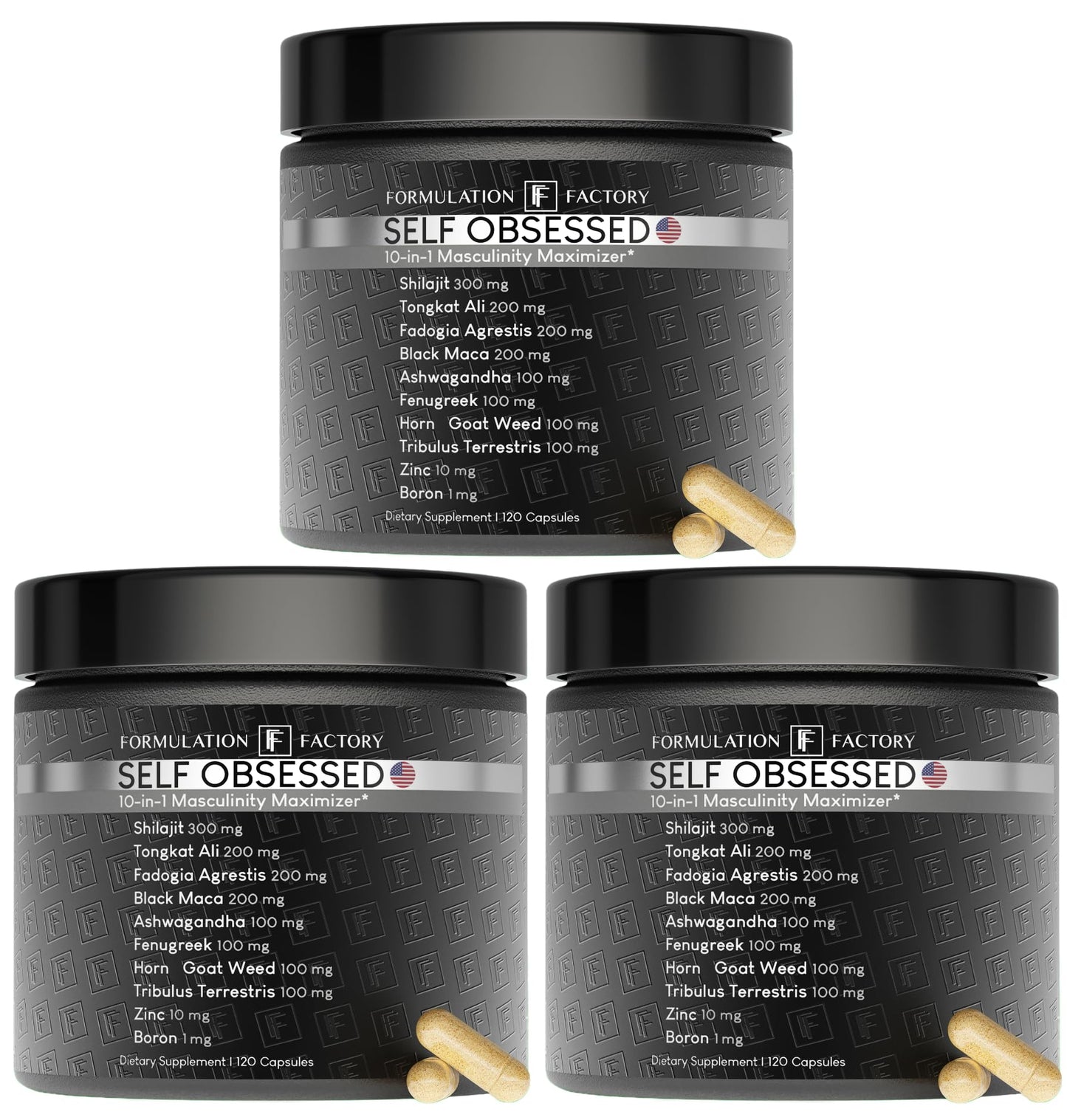 Formulation Factory Self Obsessed 10-in-1 Natural Testosterone Booster for Men, Testosterone Supplement for Men with Shilajit, Tongkat Ali, Fadogia Agrestis, 120 Capsules, 2 Month Supply
