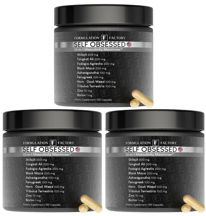 Formulation Factory Self Obsessed 10-in-1 Natural Testosterone Booster for Men, Testosterone Supplement for Men with Shilajit, Tongkat Ali, Fadogia Agrestis, 120 Capsules, 2 Month Supply