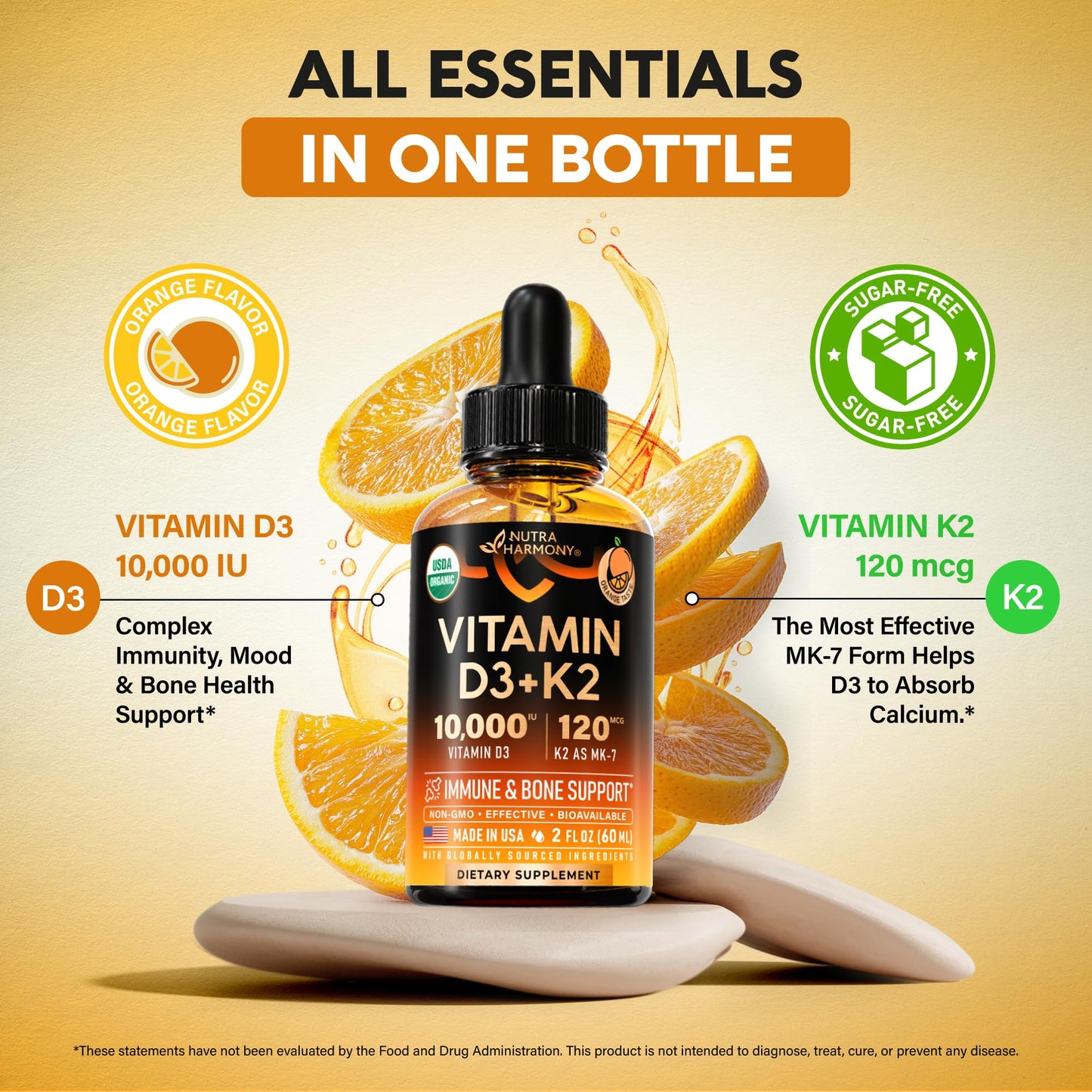 Vitamin D3 K2 USDA Organic Drops - Vitamin D3 10000 IU & K2 as MK-7 120mcg - Immune & Mood Support, Bone & Teeth Health - Sugar-Free, Orange Flavor - Liquid Supplement - 2 FL OZ, 60 Day Supply