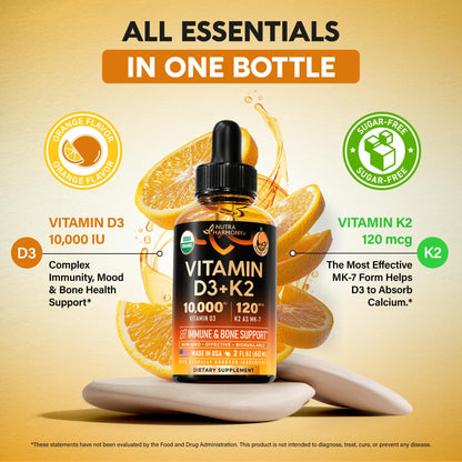 Vitamin D3 K2 USDA Organic Drops - Vitamin D3 10000 IU & K2 as MK-7 120mcg - Immune & Mood Support, Bone & Teeth Health - Sugar-Free, Orange Flavor - Liquid Supplement - 2 FL OZ, 60 Day Supply