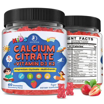 Kids Calcium Citrate Gummies with Vitamin D3 Supplement, Calcium Citrate 300/600 mg with Magnesium Zinc & Multivitamin for Kids 4+ & Teens, Support Bone Muscle & Digestive Health, Sugar Free, 60ct