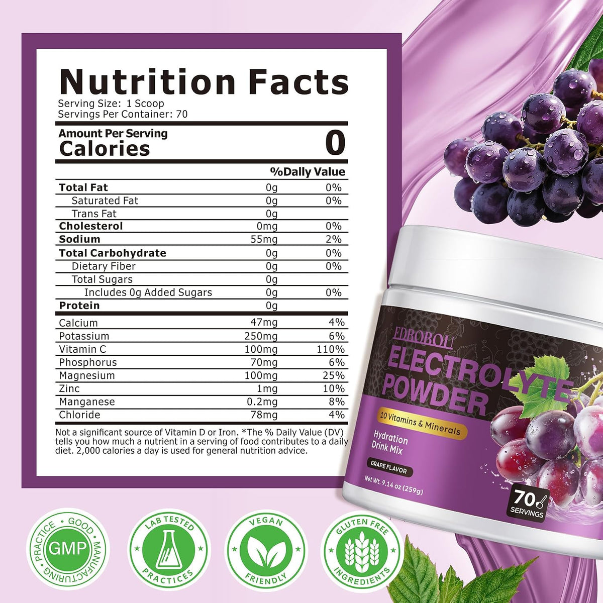Sugar Free Electrolyte Powder Grape Flavor 70 Servings Refreshing Hydration with Potassium, Sodium & Magnesium Gluten-Free, Ideal for Athletes