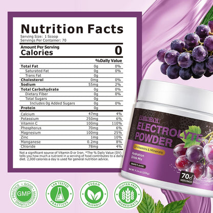 Sugar Free Electrolyte Powder Grape Flavor 70 Servings Refreshing Hydration with Potassium, Sodium & Magnesium Gluten-Free, Ideal for Athletes