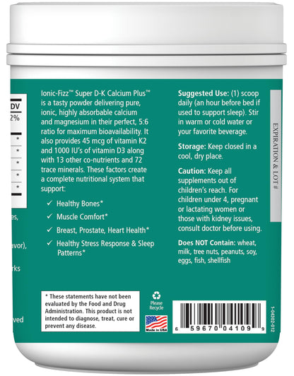 Ionic Fizz Super D-K Calcium Plus by Pure Essence - with Extra Magnesium, Vitamin D3, Vitamin K2 for Strong Bones and Stress Support - Raspberry Lemonade - 14.82oz