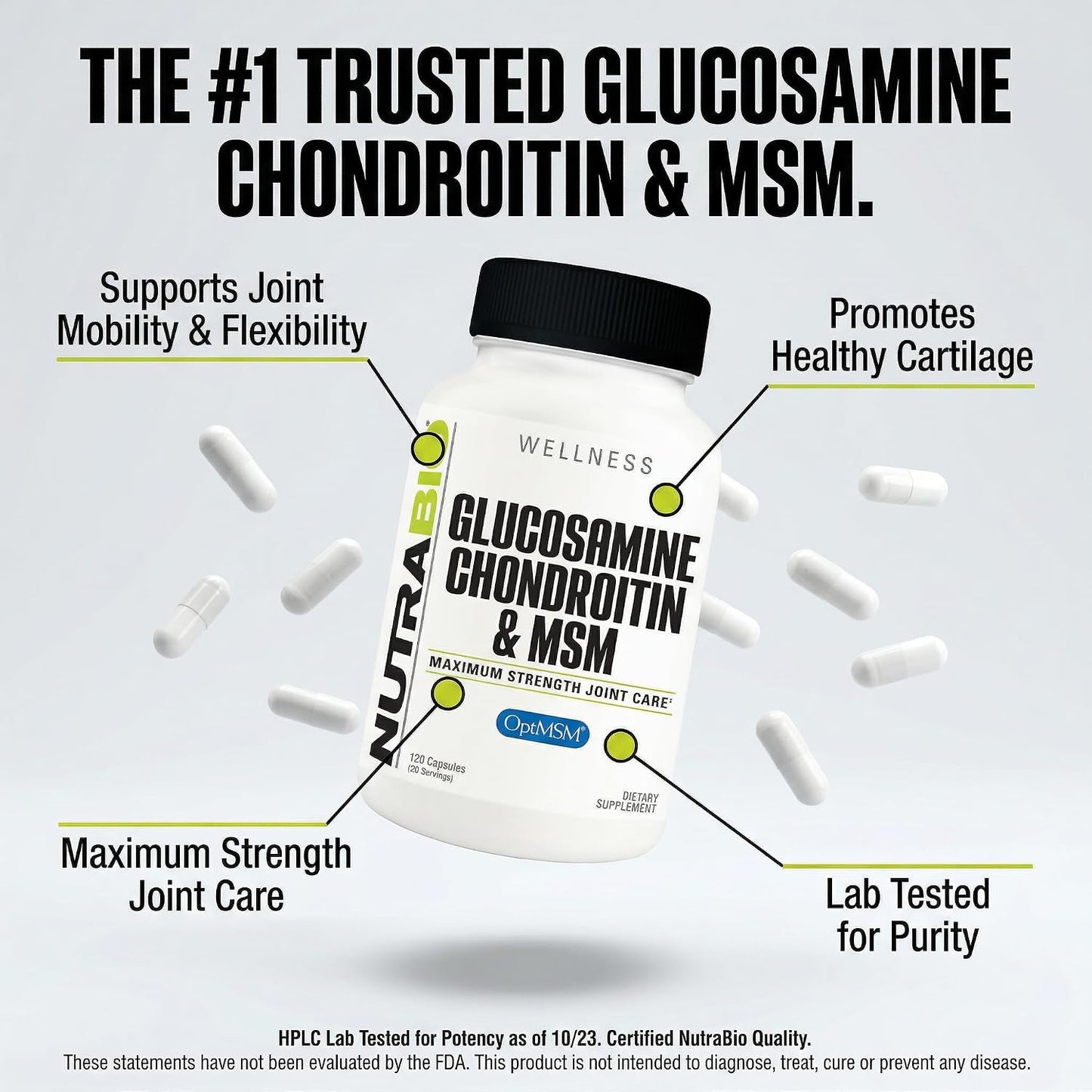 NutraBio Glucosamine Chondroitin & OptiMSM Supplement, Joint Support Formula - 120 Capsules (120 Count)