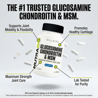 NutraBio Glucosamine Chondroitin & OptiMSM Supplement, Joint Support Formula - 120 Capsules (120 Count)