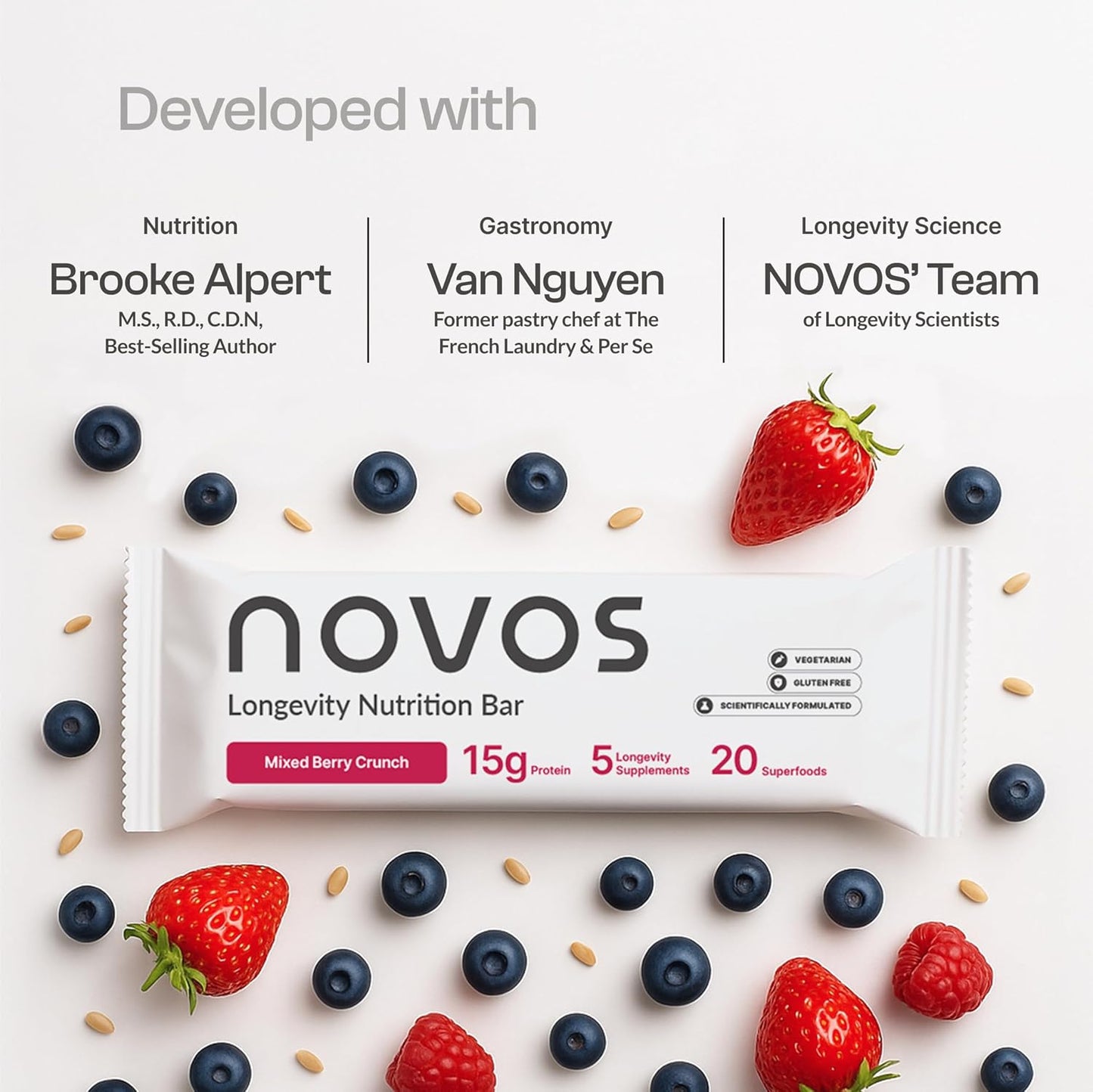 NOVOS Longevity Protein Bar Variety Pack (3 Flavors) – Peanut Butter, Mixed Berry Crunch & Salted Chocolate Crunch | 15g Protein, 20 Superfoods & Longevity Nutrients | Healthy Snack for Energy & Focus